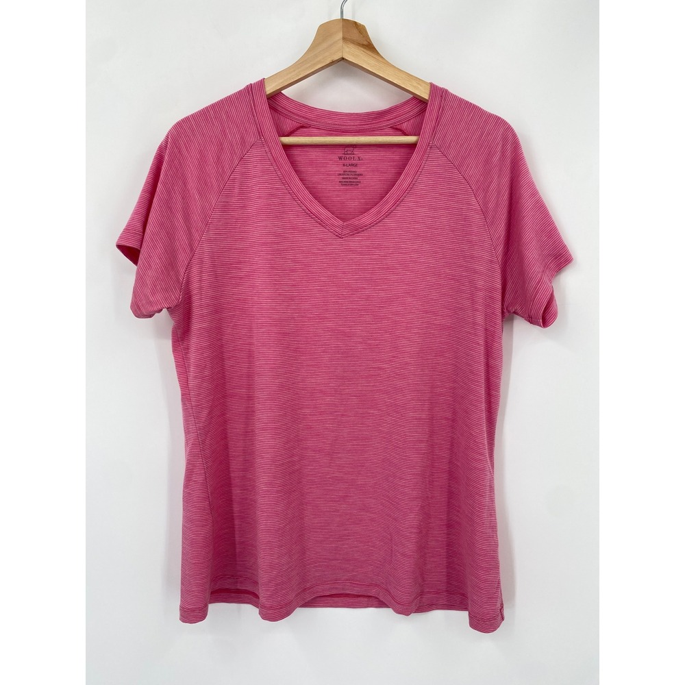Woolx T-Shirt Women XL Pink Striped Merino Wool V-Neck Short Sleeve Raglan